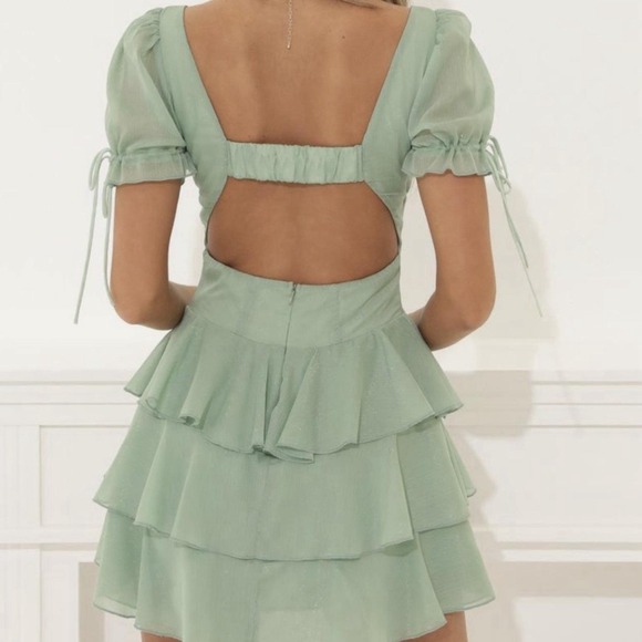 New Lucy In The Sky Ruffle Corset Mini Dress Small Green Short Sleeve Open Back - Picture 3 of 6